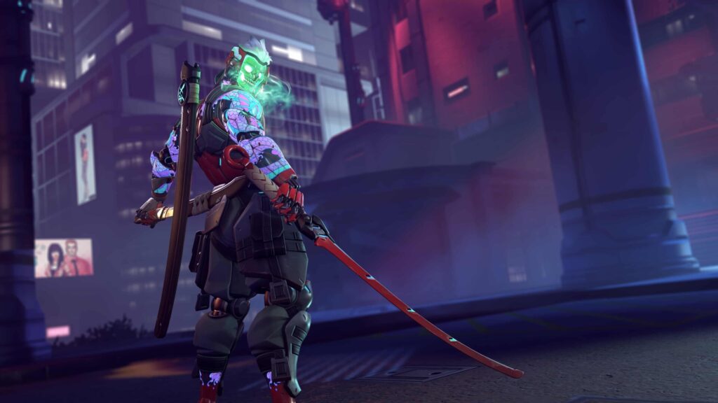Genji in his Cyber Demon skin from Overwatch 2, standing in a futuristic city at night with a glowing green mask, dragon-themed armor, and a red katana, viewed from behind in a dramatic pose.