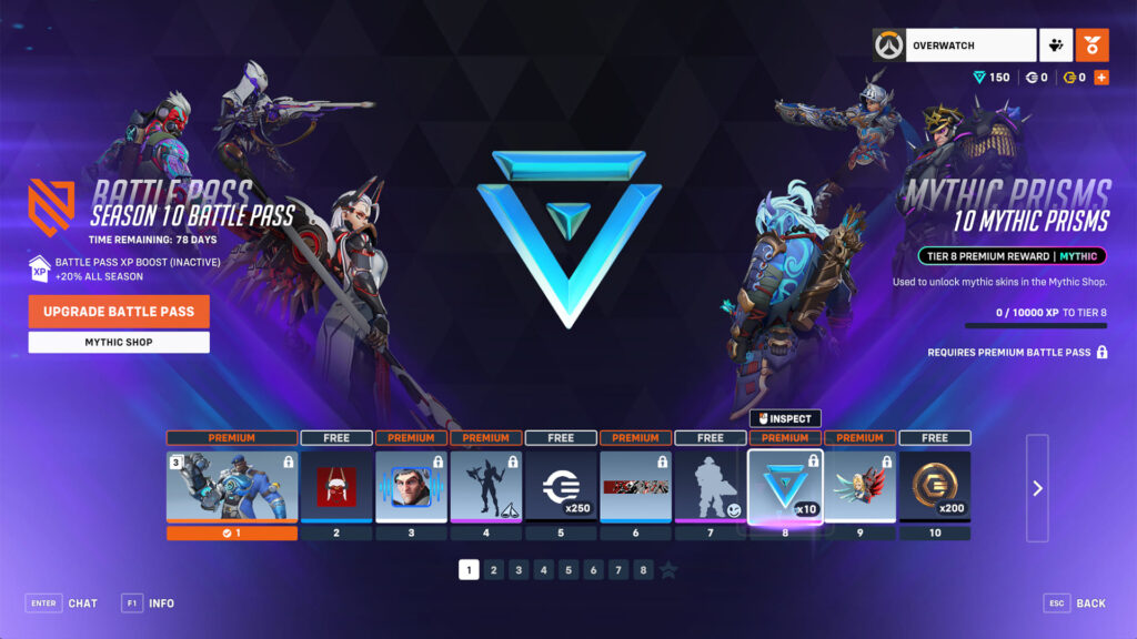 A digital interface for Overwatch's Season 10 Battle Pass, showcasing characters, rewards, and progress options against a purple background.