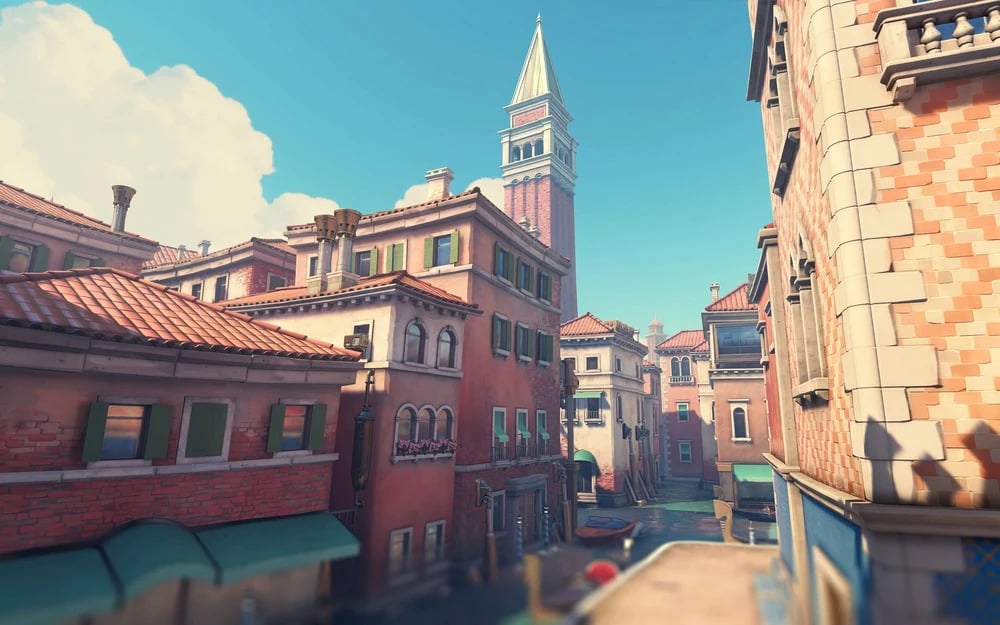 A vibrant, sunlit Venetian street with pastel buildings, green shutters, and a towering clock tower under a clear blue sky, conveying a lively atmosphere