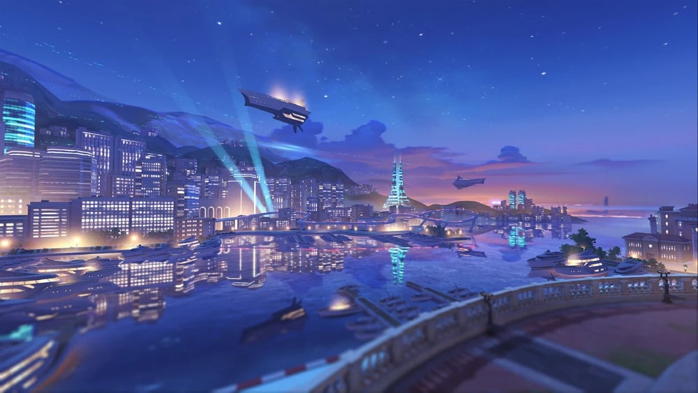 Futuristic cityscape at dusk, featuring illuminated buildings, blimps in the sky, and reflections on a serene body of water, evoking a sense of wonder