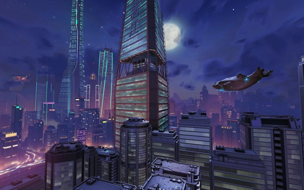 Futuristic cityscape at night with illuminated skyscrapers and flying vehicle against a full moon, creating a serene, sci-fi atmosphere