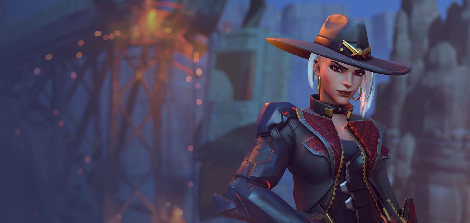 Ashe in a futuristic, cowboy-inspired outfit stands confidently against a backdrop of a rugged landscape with industrial scaffolding