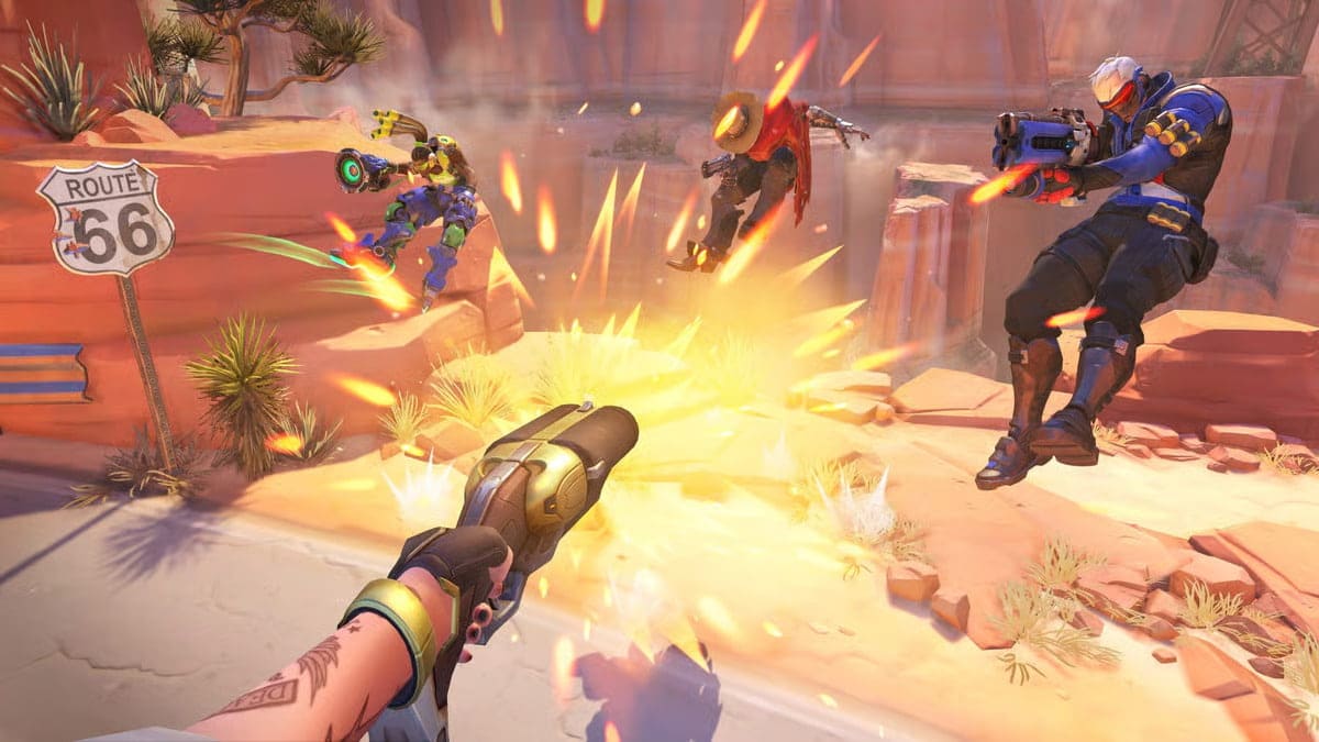 A dynamic action scene from Overwatch 2 shows a player firing a weapon at characters on Route 66